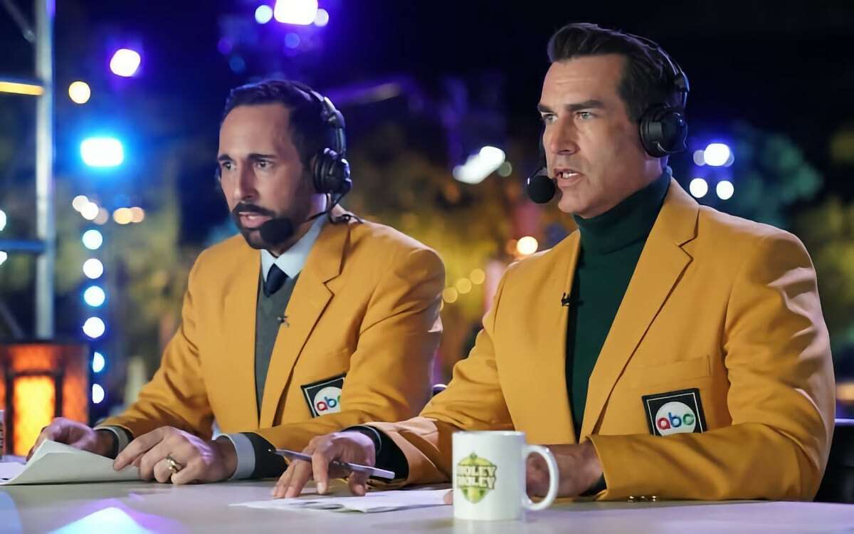 Two people in yellow sport coats sitting at a desk looking shocked