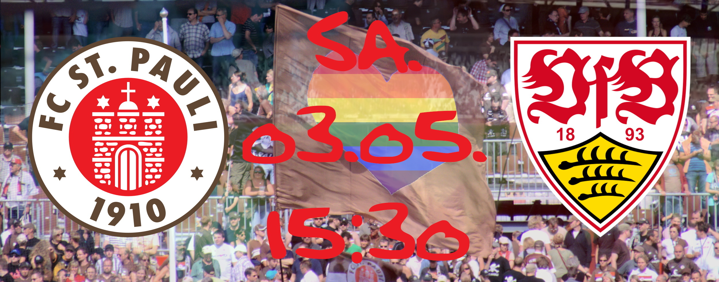 Wappen vom FC St. Pauli und VfB Stuttgart vor einer Foto-Collage mit Regenbogen-Herzflagge etc. mit dem Spieldatum (Samstag, 03.05.2025, 15:30)