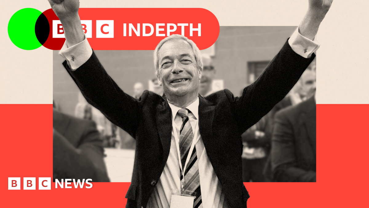A treated image of Nigel Farage with his arms raised