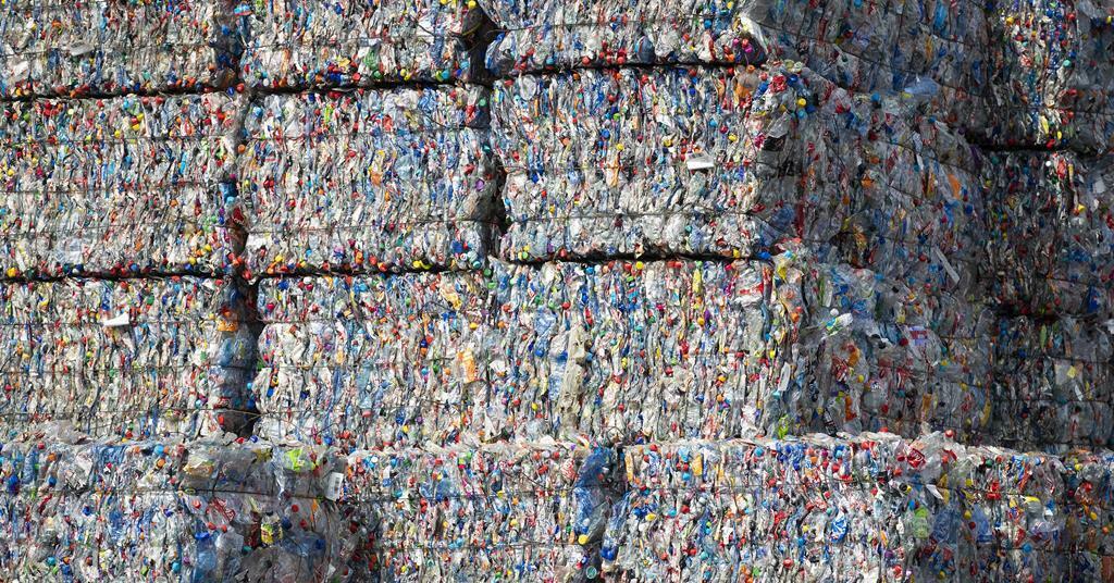 A large volume of bundled plastic waste