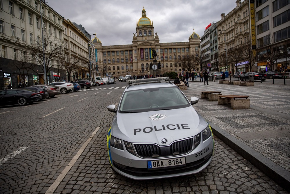 A police car in a Czech town centre