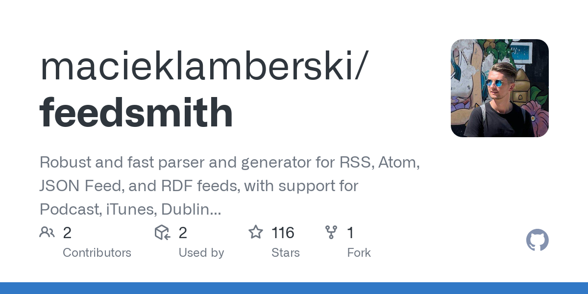 Robust and fast parser and generator for RSS, Atom, JSON Feed, and RDF feeds, with support for Podcast, iTunes, Dublin Core, and OPML files. - macieklamberski/feedsmith