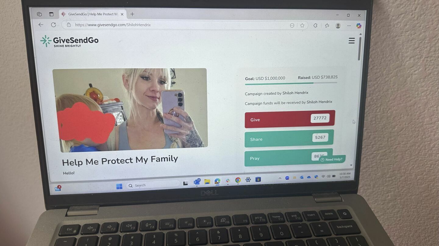 A screenshot of an online fundraiser on the Christian fundraising platform, GiveSendGo, is seen on Wednesday, May 7, 2025. (AP Photo/Terry Tang)