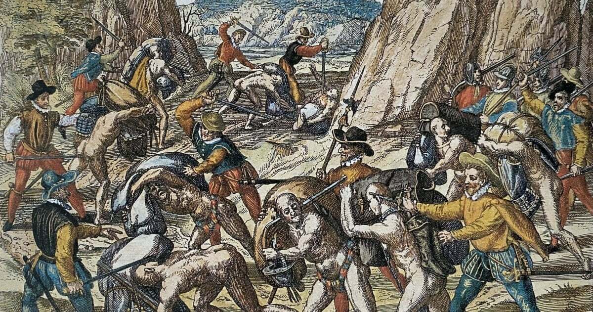 Kupferstich von Sklaven in Ketten gelegt, die von den Spaniern traktiert und verstümmelt werden.