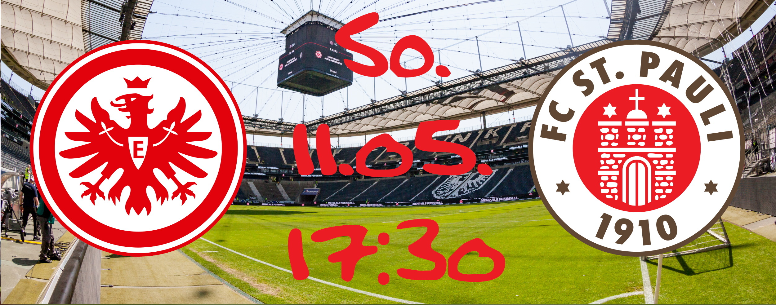Wappen von Eintracht Frankfurt und FC St. Pauli vor einem Foto des Innenraums des Frankfurter Stadions mit dem Spieldatum (Sonntag, 11.05.2025, 17:30). Foto: Sven Mandel, CC BY-SA 4.0 , via Wikimedia Commons