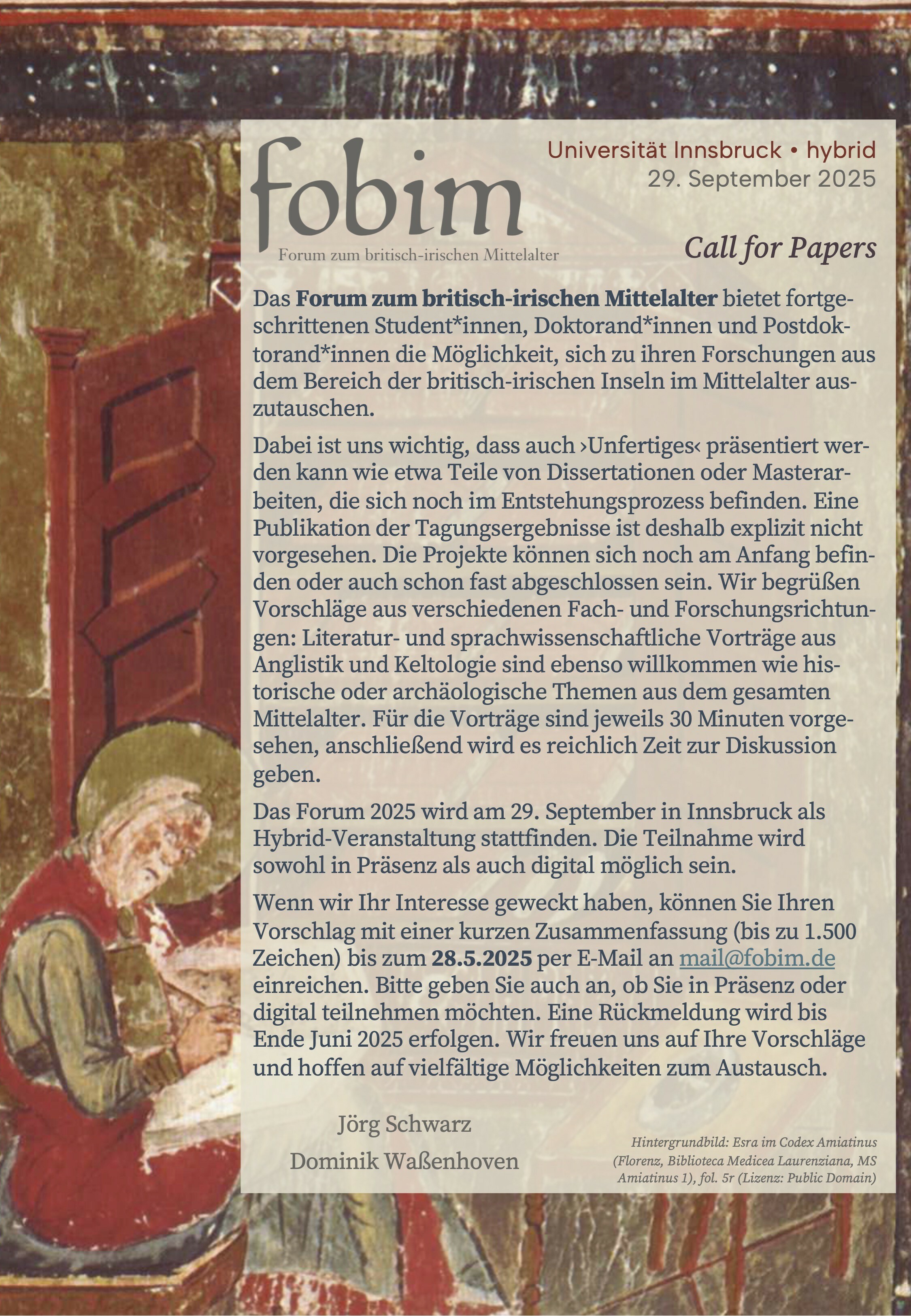 Abbildung des Call for Papers für das Forum zum britisch-irischen Mittelalter, das am 29.9.2025 in Innsbruck stattfinden wird. 