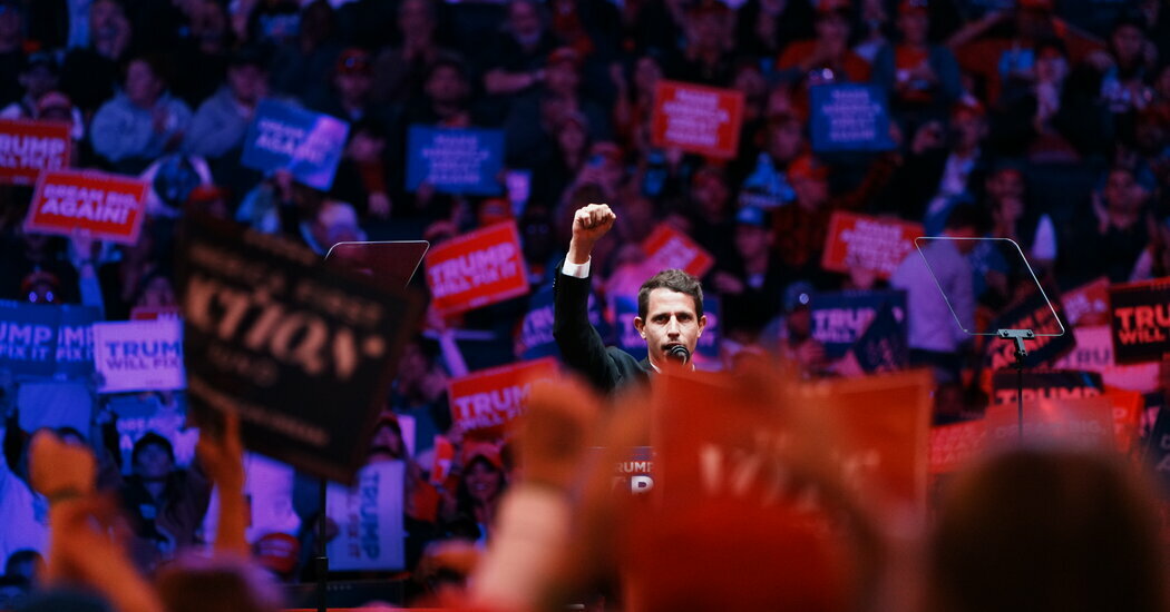 Tony Hinchcliffe at a Trump rally in Madison Square Garden last year, during a speech where he maligned the island of Puerto Rico. His show “Kill Tony” is now ranked No. 2 on YouTube.