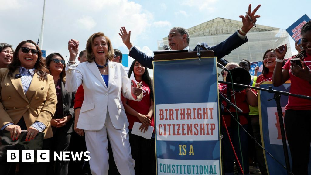 U.S. Representative Nancy Pelosi and U.S. Rep. Adriano Espaillat (D-NY) react, as people protest on the day Supreme Court justices hear oral arguments over U.S. President Donald Trump's bid to broadly enforce his executive order to restrict automatic birthright citizenship, outside the U.S. Supreme Court in Washington, D.C., U.S