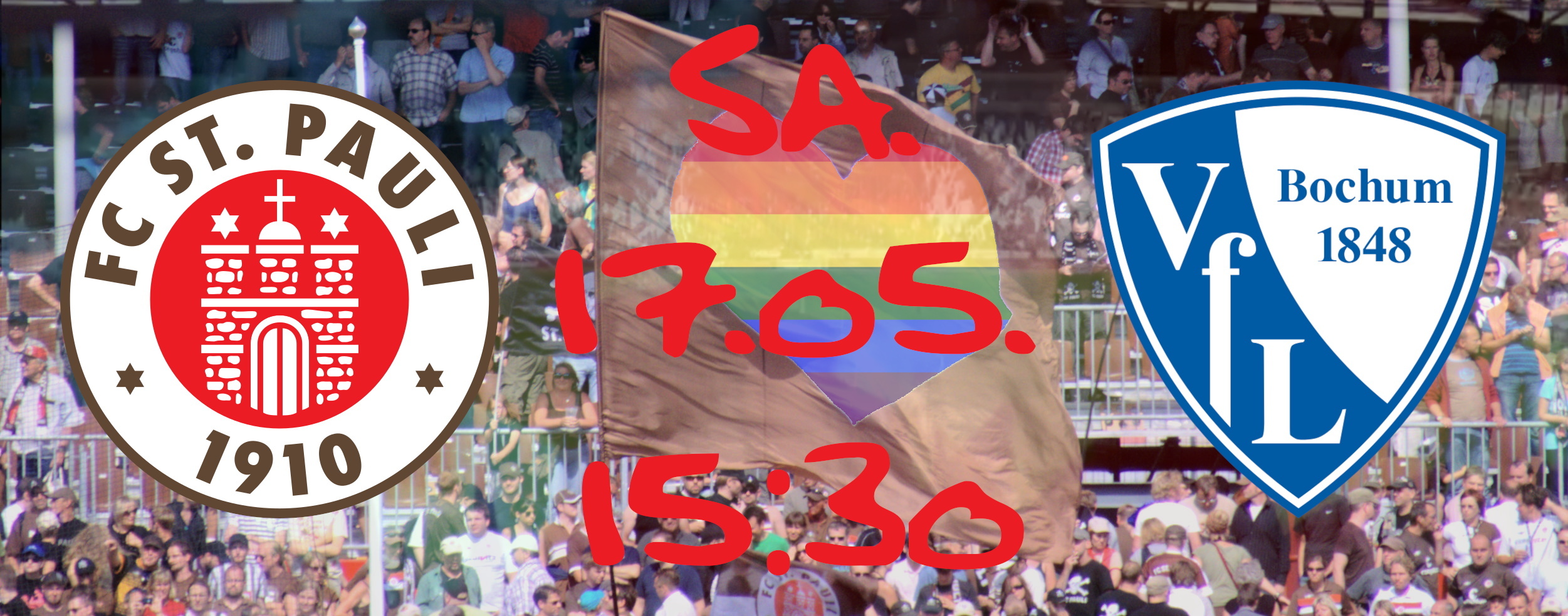 Wappen vom FC St. Pauli und VfL Bochum vor einer Foto-Collage mit Regenbogen-Herzflagge etc. mit dem Spieldatum (Samstag, 17.05.2025, 15:30)