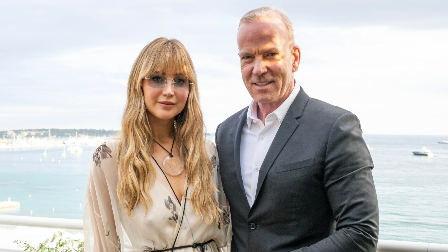 Jennifer Lawrence and Matthias Breschan attend the ‘Die, My Love’ filmmaker dinner at La Terrase Albane during 78th Cannes Film Festival presented by The Hollywood Reporter and Longines on May 16, 2025.
