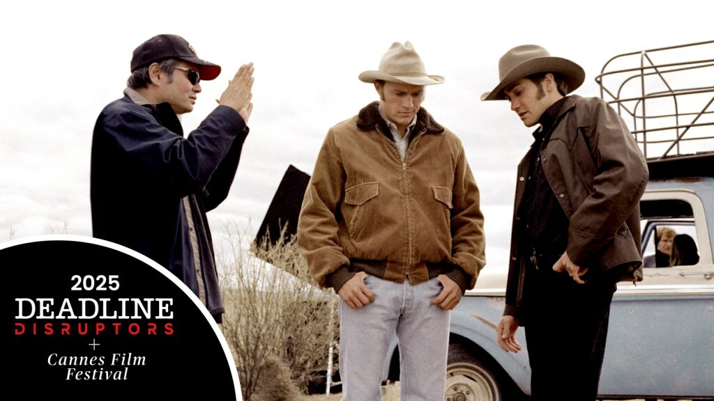 Director Ang Lee, Heath Ledger and Jake Gyllenhaal on the set of the movie Brokeback Mountain