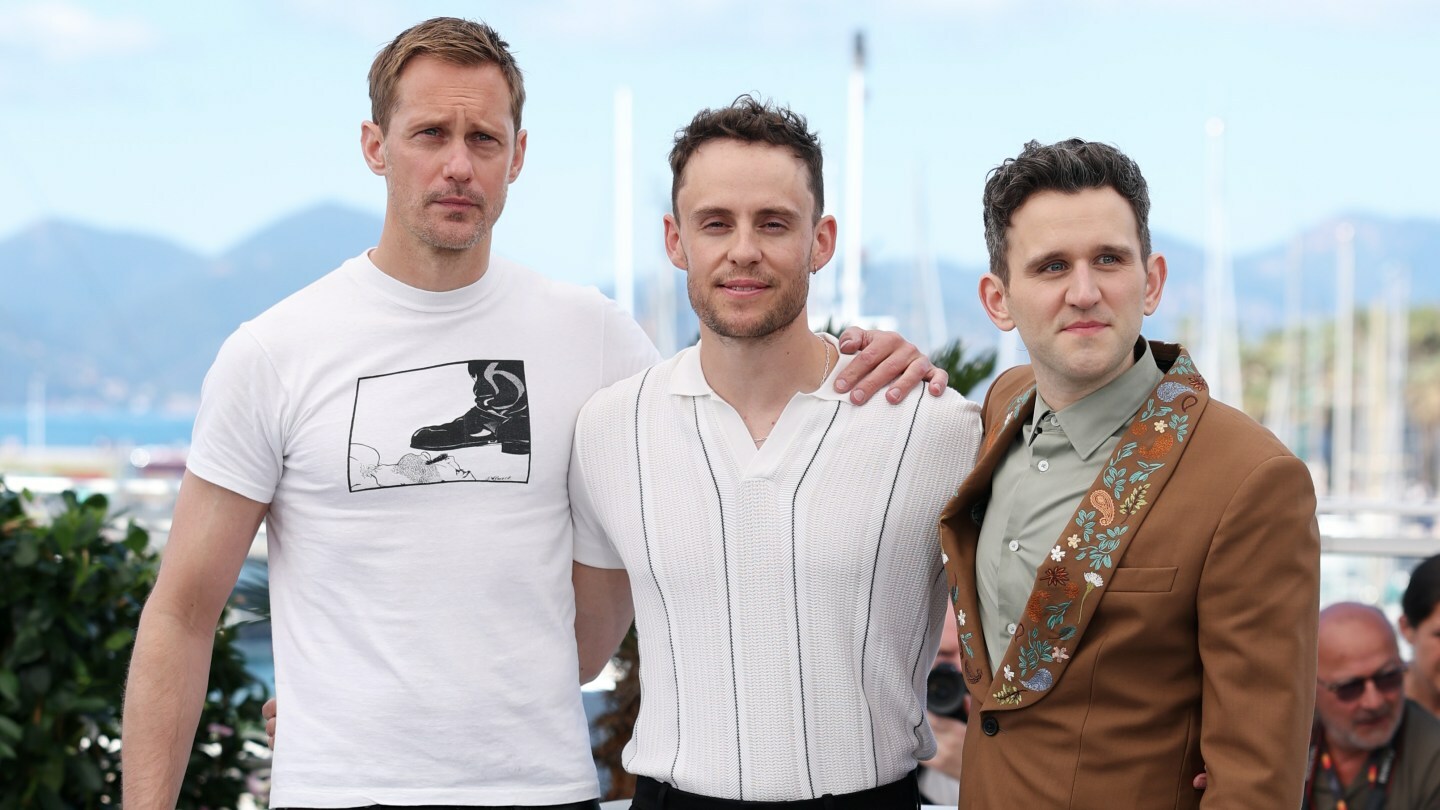 Alexander Skarsgård, Harry Lighton and Harry Melling pose at the ‘Pillion’ photo call at the 78th Cannes Film Festival at Palais des Festivals on May 18, 2025.