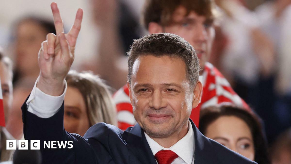 Warsaw Mayor Rafal Trzaskowski, the presidential candidate of the Civic Coalition reacts to the exit poll for the first round of Poland's presidential election, in Sandomierz, Poland, May 18, 2025.