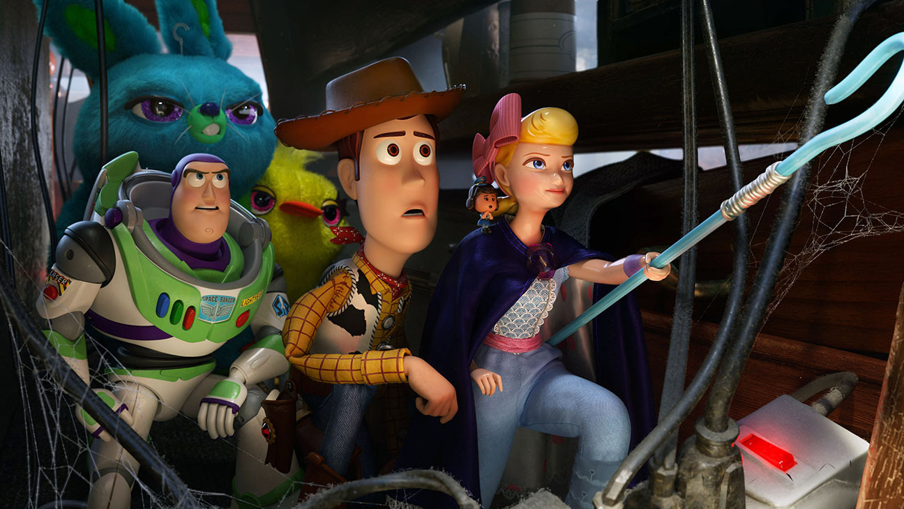 TOY STORY 4, background from left: Bunny (J. Peele), Ducky (Keegan-Michael Key); foreground from left: Buzz Lightyear (T. Allen), Woody (T. Hanks), Bo Peep (A. Potts), 2019.