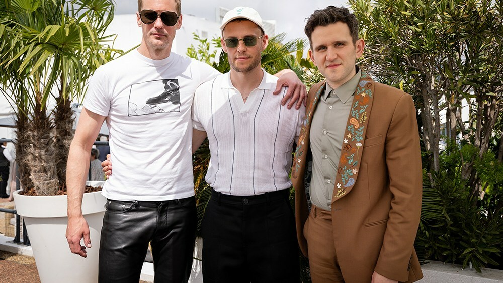 CANNES, FRANCE - MAY 18: (L-R) Alexander Skarsgård, Harry Lighton and Harry Melling during the "Pillion" portrait and interview session at the 78th annual Cannes Film Festival at Palais des Festivals on May 18, 2025 in Cannes, France. (Photo by Tristan Fewings/Getty Images)