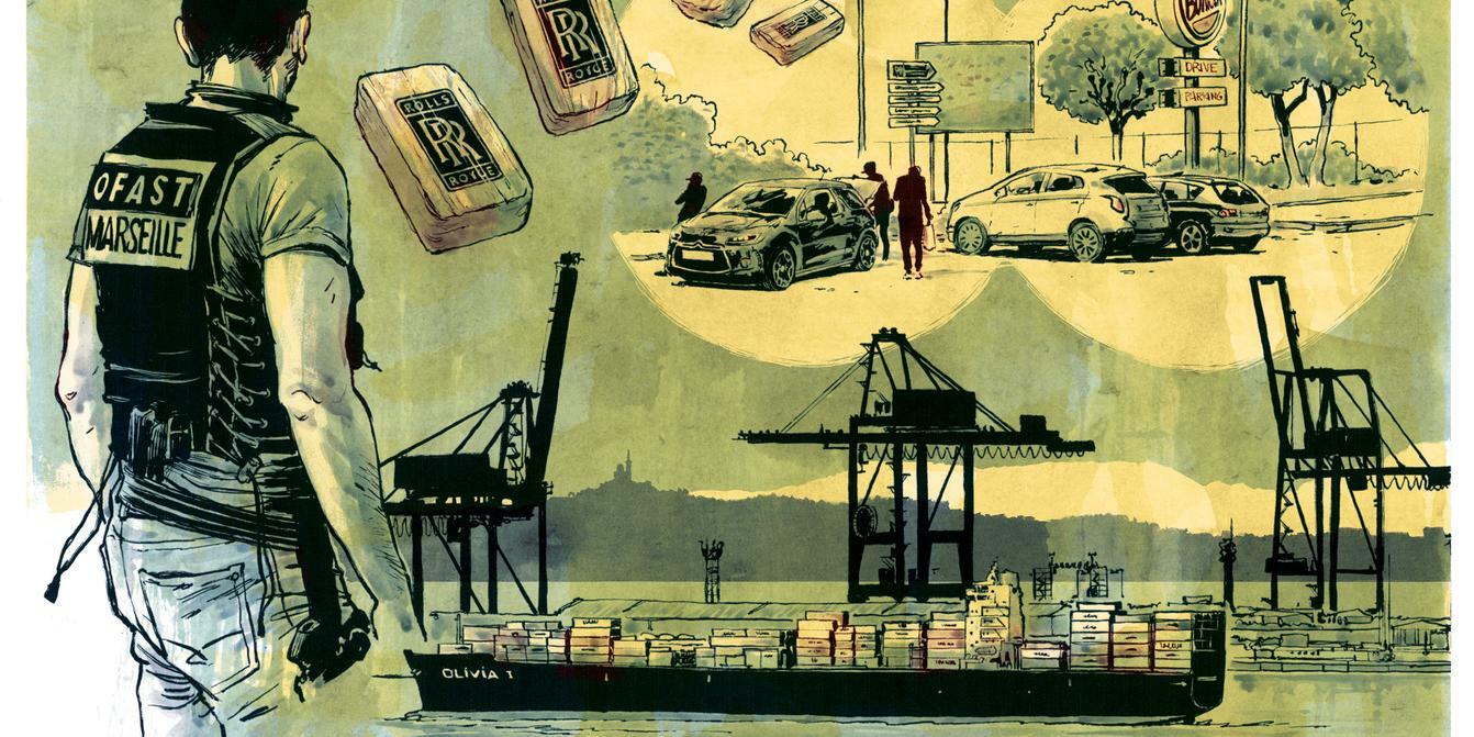 An illustration of a police officers, a ship, cranes in a port, blocks of cocaine, and a meetup of cars. | TITWANE