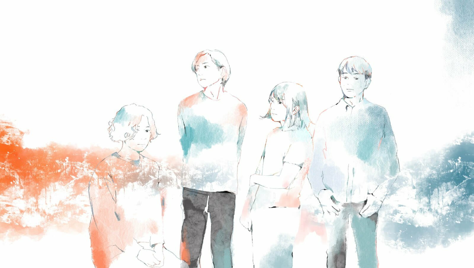 Illustration of the four members of Seventeen Years Old And Berlin Wall. It is a minimalistic illustration, with a hazy/cloud effect in orange and blue colours mixed in with a white background.
