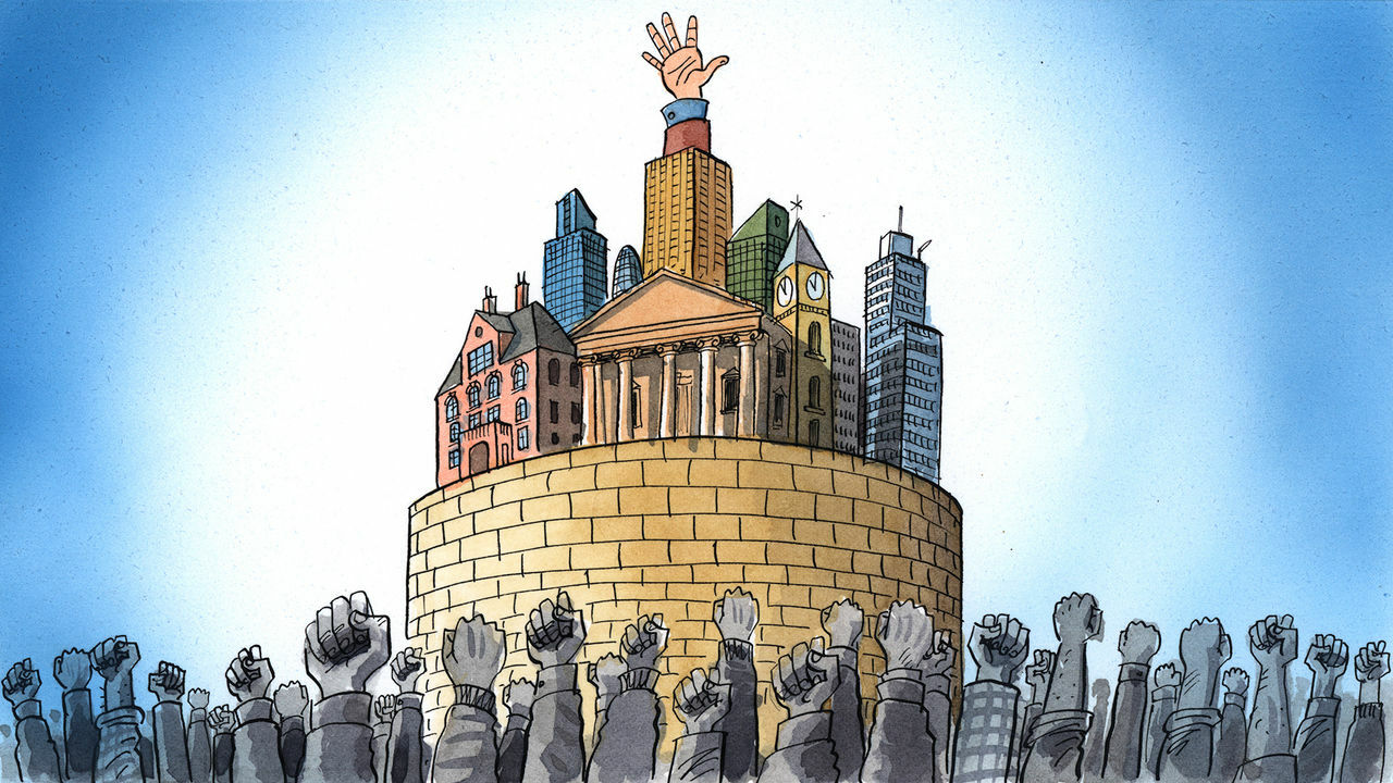 Illustration. A walled city of government and corporate buildings stands elevated, topped by a raised hand. Below, a crowd of people raises fists in protest.