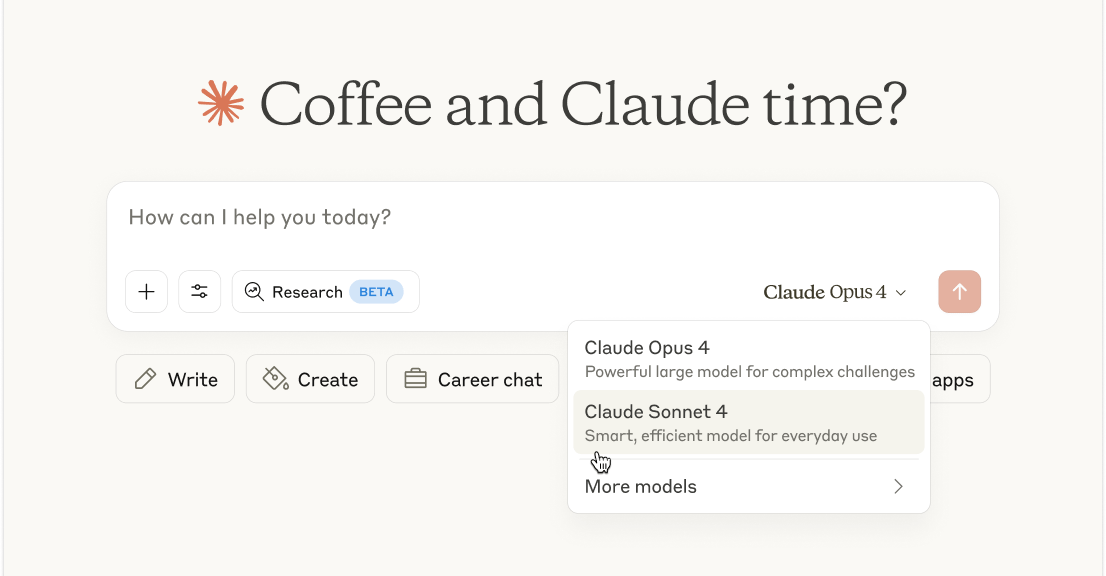 A screenshot of the Anthropic AI model selector showing Claude 4.