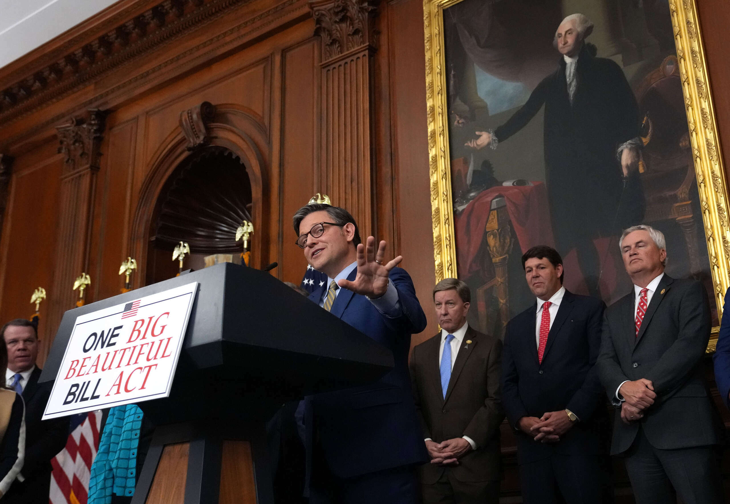 Speaker of the House Mike Johnson speaks to the media after the House narrowly passed a bill forwarding President Donald Trump's agenda at the U.S. Capitol on May 22, 2025, in Washington, D.C.