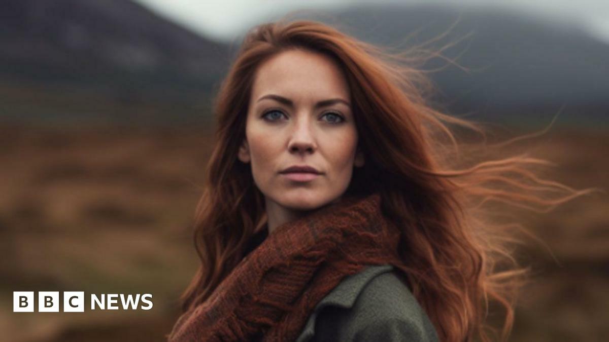 An AI-generated image of the imagined woman behind the synthetic voice used on ScotRail trains. The woman has long red hair and wears a brown scarf and a green coat. She is stood against a blurred background that looks like the Scottish outdoors with the shadow of mountains and moorland. The image is AI generated and not real