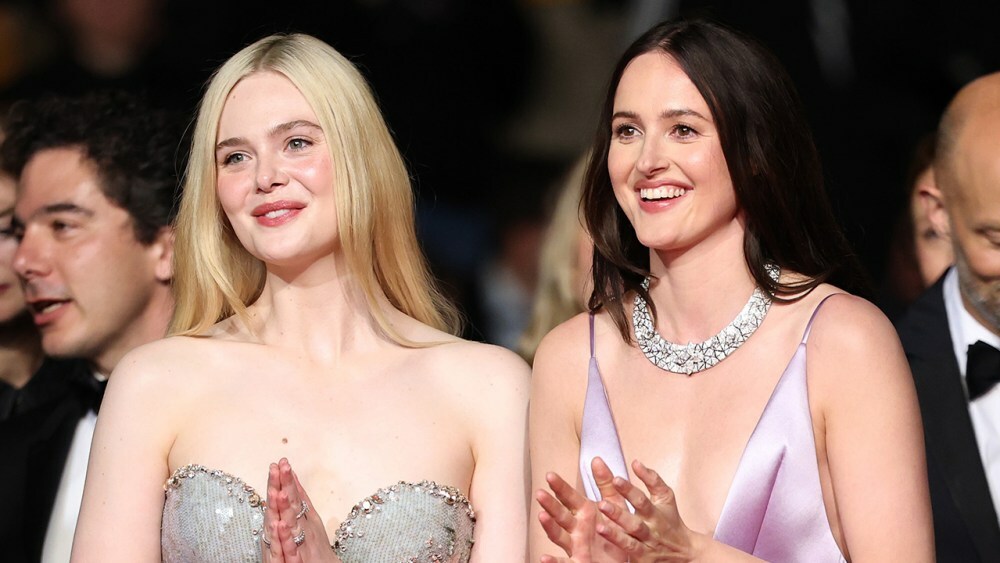 CANNES, FRANCE - MAY 21: Elle Fanning and Renate Reinsve  attend the "Affeksjonsverdi" (Sentimental Value) red carpet at the 78th annual Cannes Film Festival at Palais des Festivals on May 21, 2025 in Cannes, France. (Photo by Monica Schipper/Getty Images)