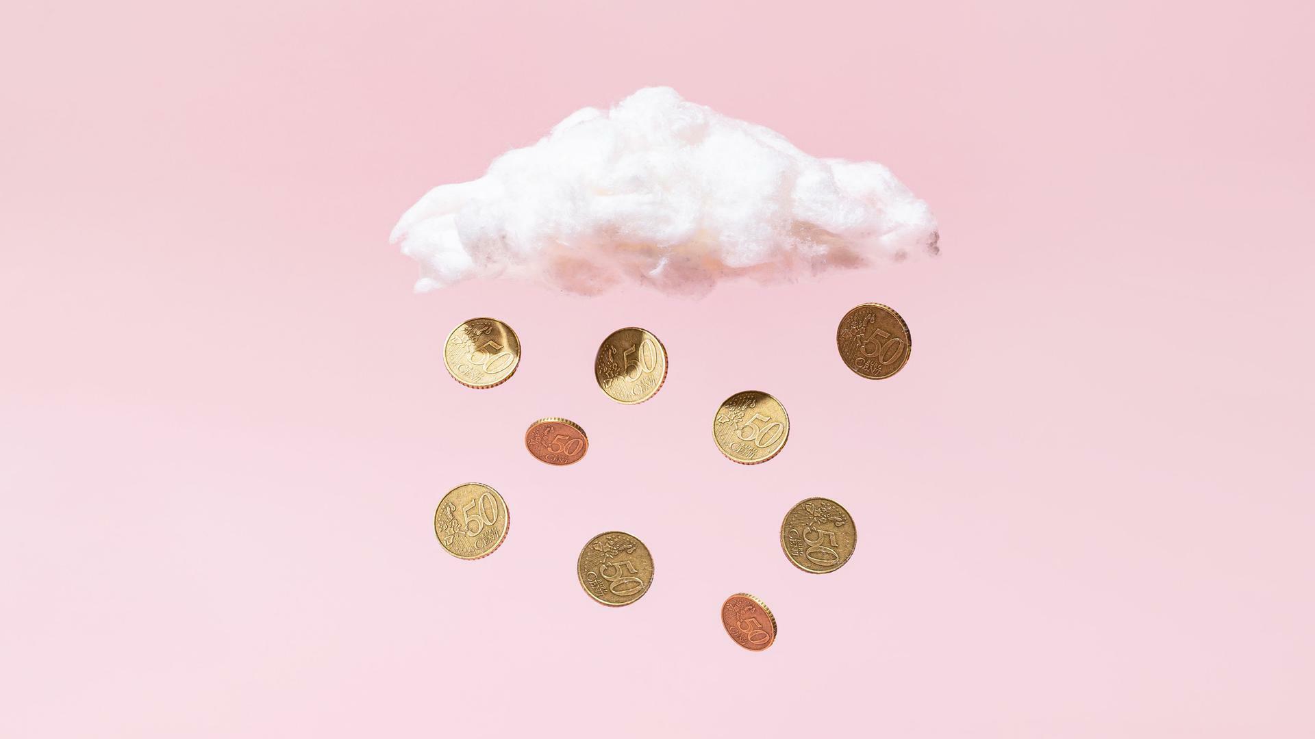 Illustration: aus eine Wolke vor rosa farbigen Hintergrund fallen goldene Münzen.