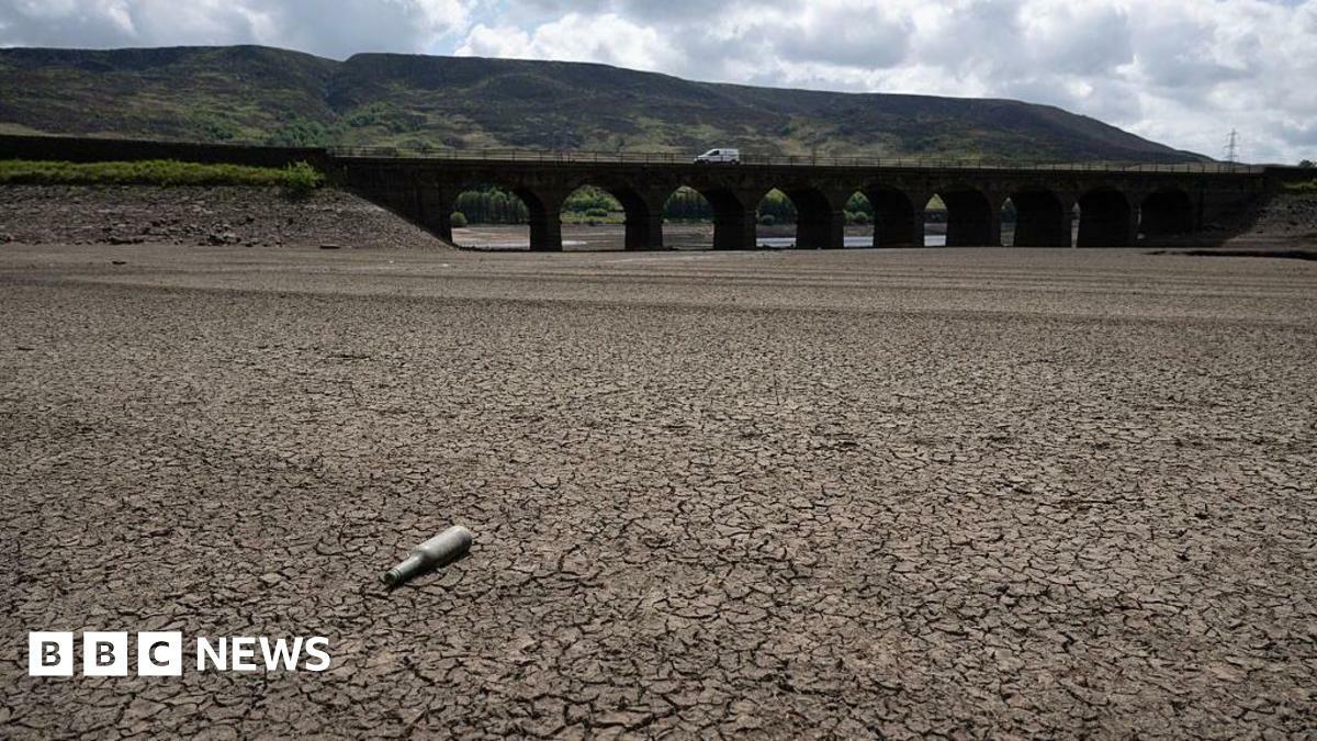 Parched, cracked land in the foreground. An empty bottle lies on the surface. In the background is a bridge with a white van driving across.