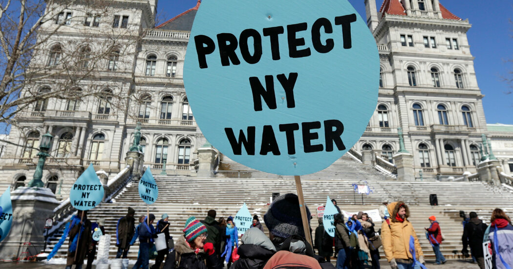Demonstrators protested against the Williams pipeline in Albany, N.Y., in 2016. The company is renewing plans to build two pipelines into New York State.
