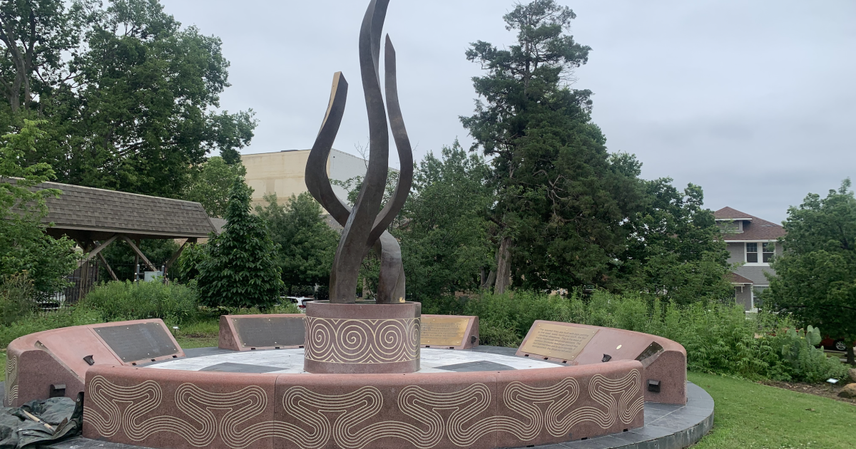 A statue is seen at Council Oak Park in Tulsa.