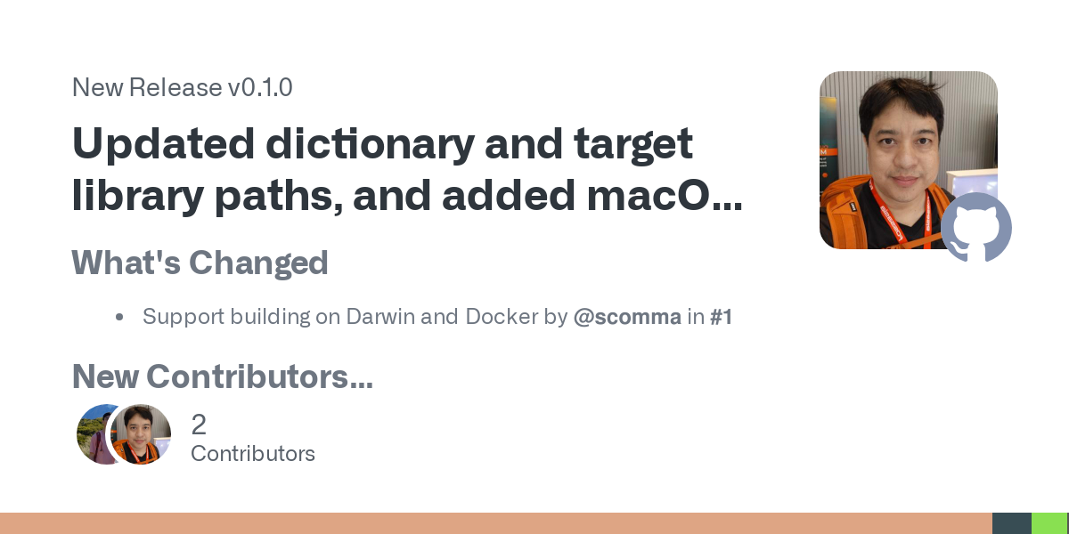 What's Changed

Support building on Darwin and Docker by @scomma in #1

New Contributors

@scomma made their first contribution in #1

Full Changelog: https://github.com/veer66/chamkho-pg/commits/v...