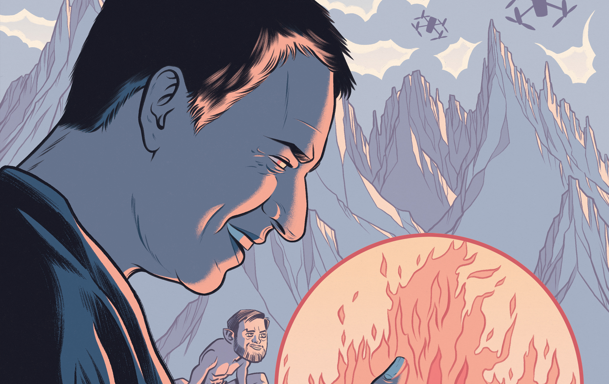 Peter Thiel dressed in wizard robes, holding a crystal ball. Behind him is a crouching Gollum creature with the face of JD Vance.
