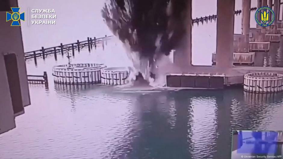 Ukrainian handout footage from June 3 showing a blast on a bridge column
