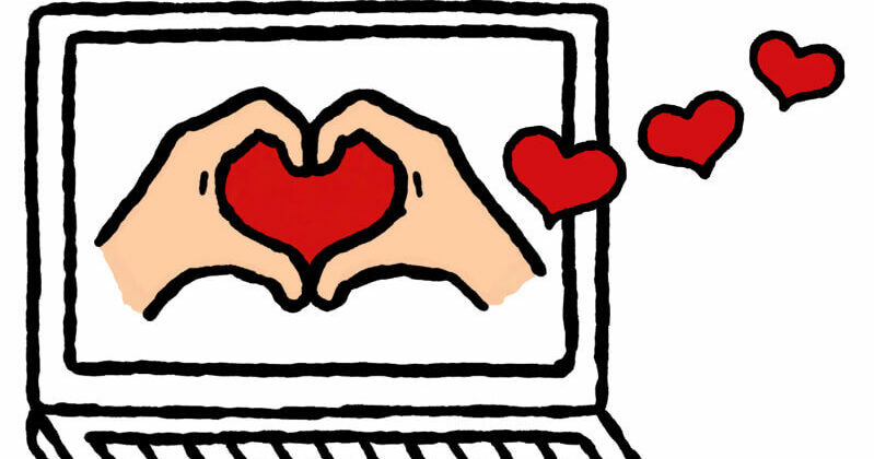 Zeichnung eines Laptops, auf dessen Bildschirm groß der Emoji zu sehrn, ist, bei dem zwei Hände ein Herz formen. Aus dem rot gefärbten Herz kommennweitere Herzen heraus, die aus dem Bildschirm hinaus fliegen.