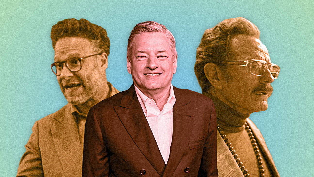 Seth Rogen, Ted Sarandos and Bryan Cranston from The Studio