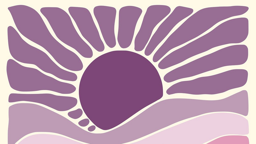 Illustration d'un coucher de soleil sur une montagne sous forme de trait de pinceau de différentes teintes de violet.
