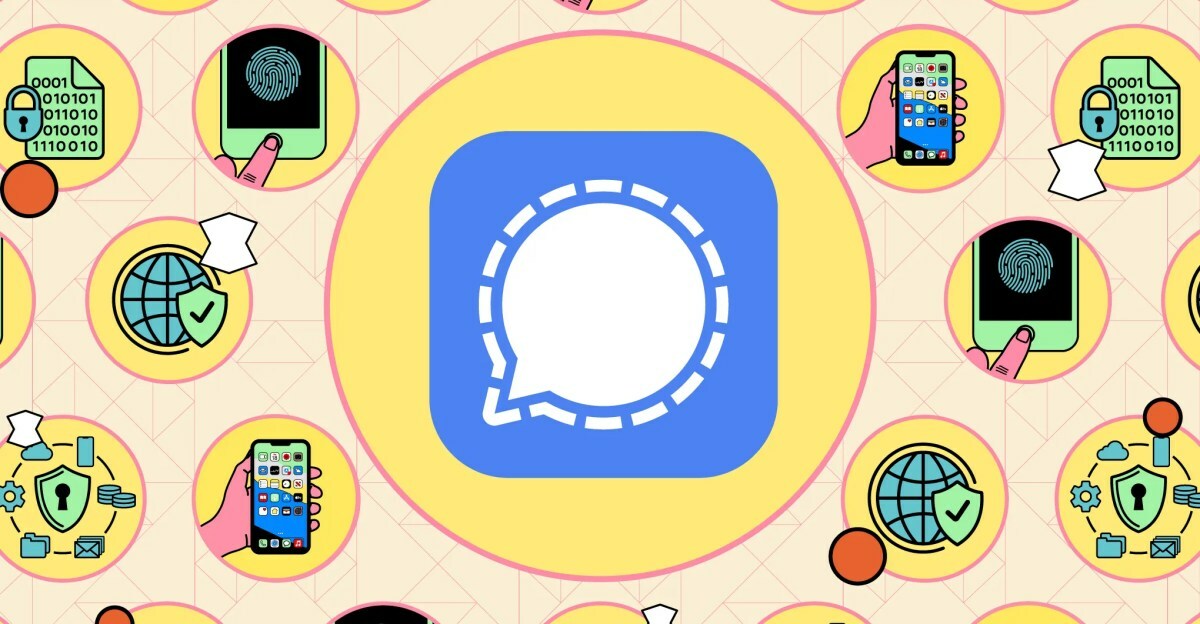 Signal logo against illustrated background.