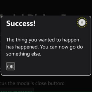 A modal dialog titled “Success” with focus on the close button.