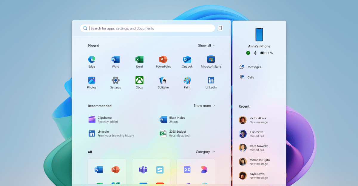Windows Copilot+PC StartMenuWithPhoneLink Feature_UNDER EMBARGO UNTIL MAY 6, 6 AM PT, 9 AM ET
