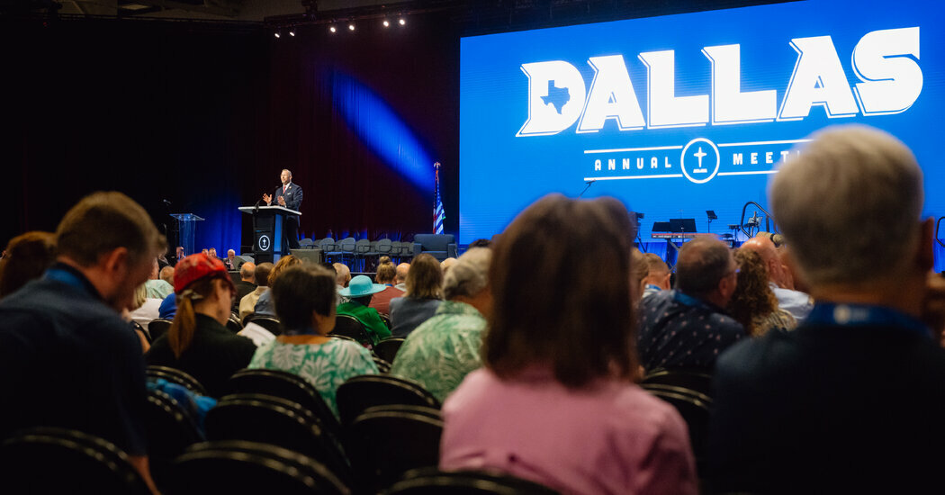 Clint Pressley, president of the Southern Baptist Convention, speaking Tuesday at the denomination’s annual meeting in Dallas.