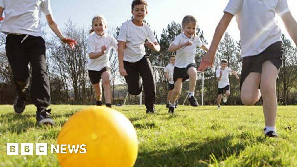 Children run towards a yellow ball as they play on the grass