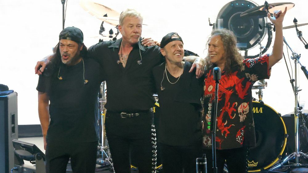 INGLEWOOD, CALIFORNIA - DECEMBER 13: (L-R) Robert Trujillo, James Hetfield, Lars Ulrich and Kirk Hammett of Metallica pose onstage during Metallica's All Within My Hands Foundation Presented by the Helping Hands Concert And Auction 2024 at YouTube Theater on December 13, 2024 in Inglewood, California. (Photo by Kevin Winter/Getty Images)