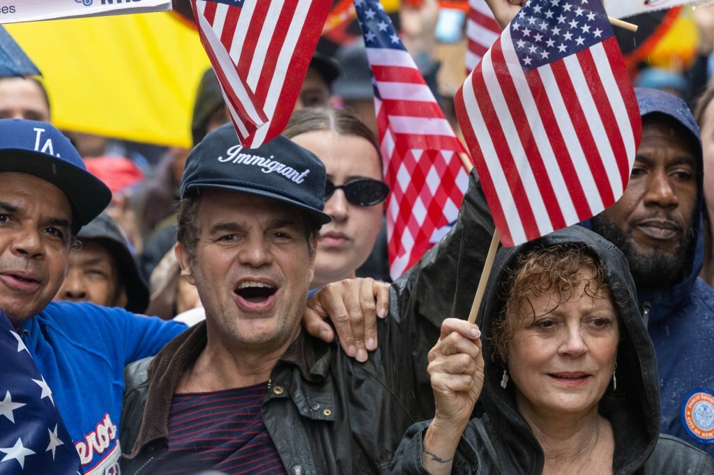 Mark Ruffalo and Susan Sarandon, along with thousands of New Yorkers, march in opposition of Donald Trump's presidency on the day of the military parade celebrating the 250th anniversary of the U.S. Army on June 14, 2025 in New York. Hundreds of marches against the Trump administration are happening across the United States today. Today's parade coincides with Trump's birthday.