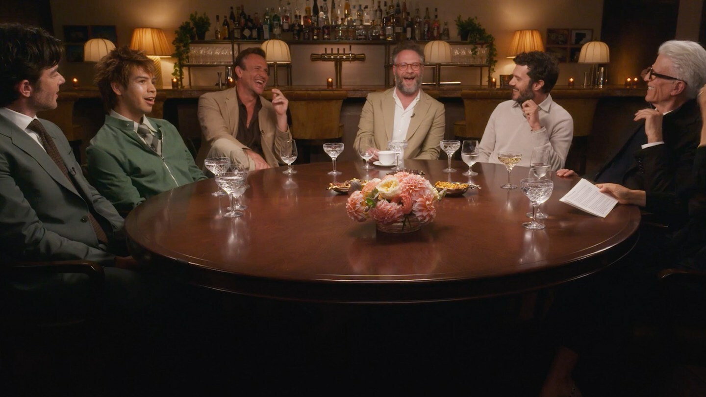 (L-R): John Mulaney, Julio Torres, Jason Segel, Seth Rogen, Adam Brody and Ted Danson