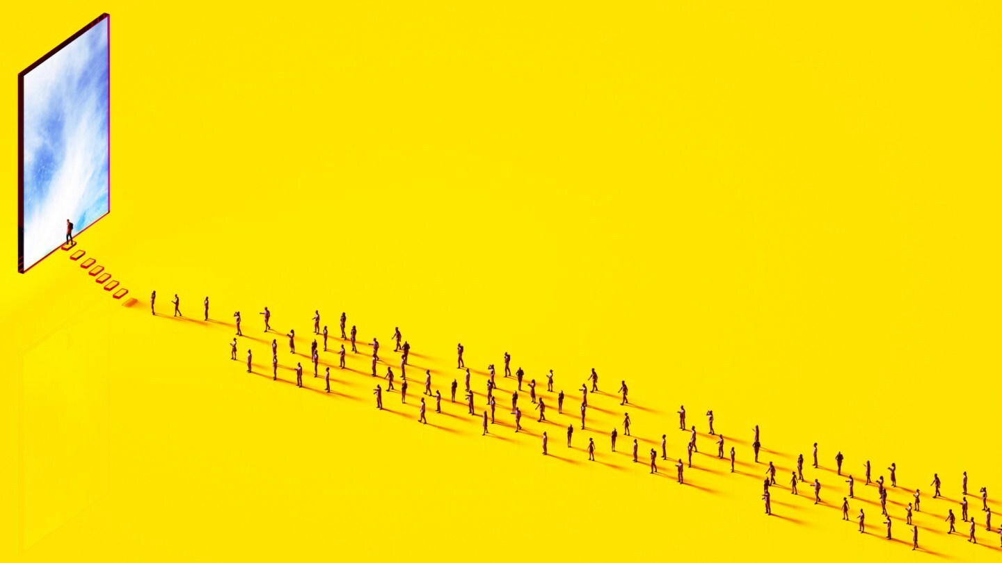 A TV screen with a long line of people walking toward it.