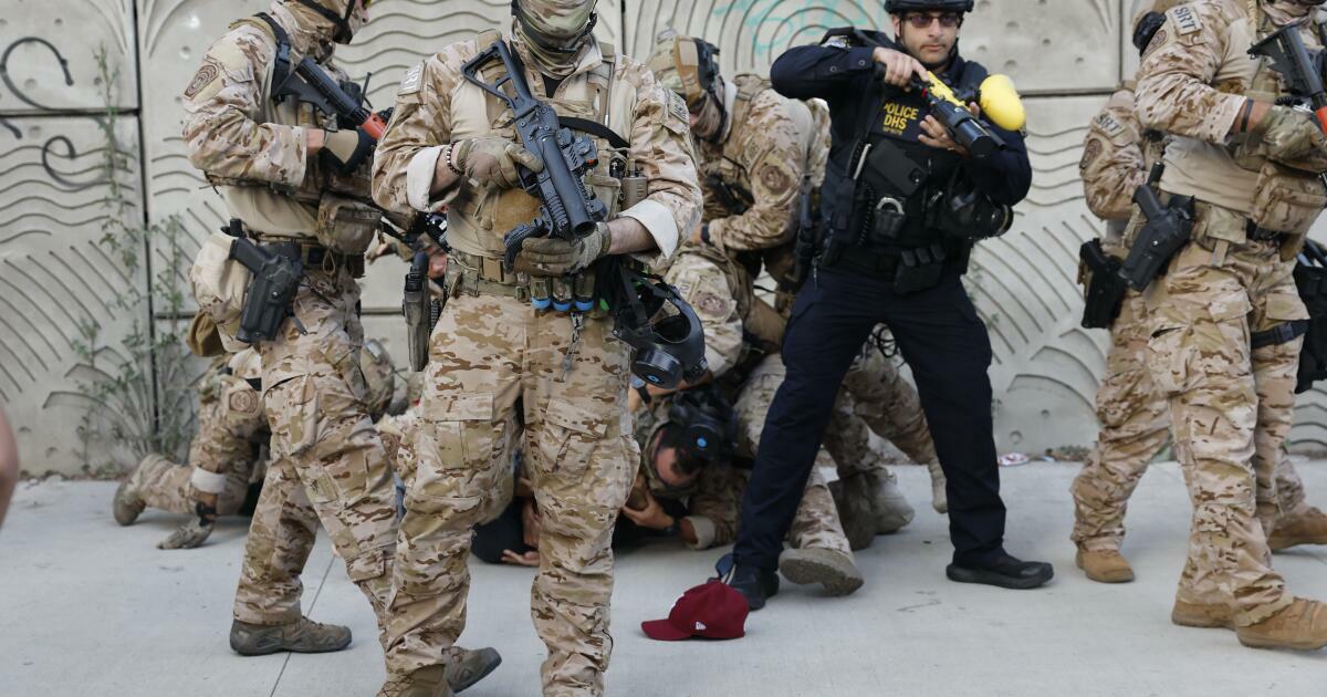 soldiers with guns drawn detain a protester