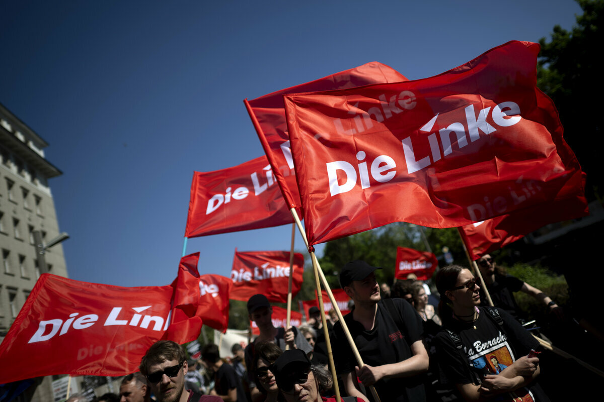 Das Bild zeigt Menschen mit roten Fahnen, die den Schriftzug "Die Linke" zeigen