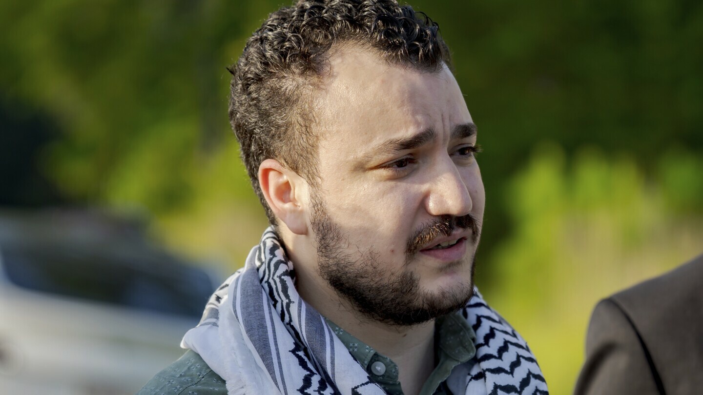 Palestinian activist Mahmoud Khalil speaks after his release from federal immigration detention in Jena, La., Friday, June 20, 2025. (AP Photo/Matthew Hinton)