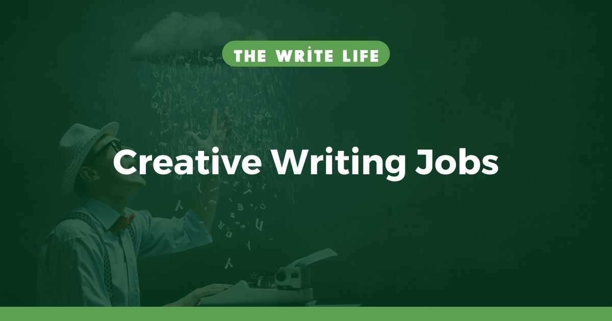 A writer manifesting rain from his light fixture with a computer in front of him. The text overlay says creative writing jobs