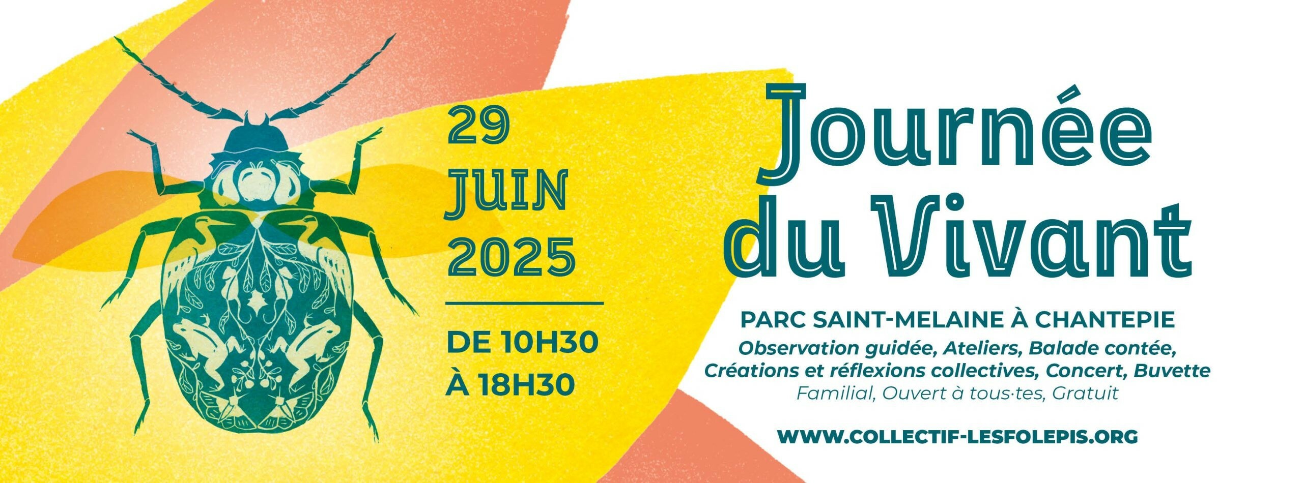 Une banière qui reprend le graphisme de notre Journée du Vivant : 
un scarabée en gravure bleu foncé sur fond graphique jaune/orange. Le corps du scarabée est décoré de plein d'espèces dessinées : hérons, grenouilles, souris, fruits, plantes etc.
à droite en gros caractère Journée du Vivant
et en dessous les infos, reprises dans les pouets suivants